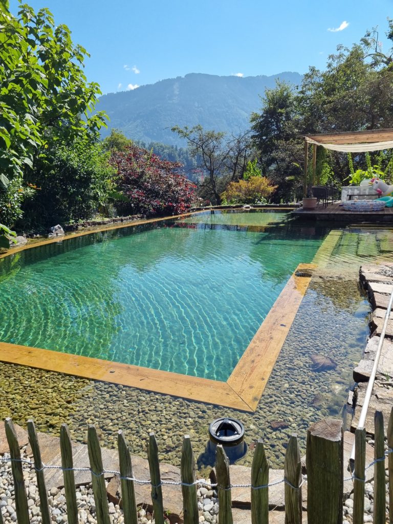 Schwimmteich mit Staketenzaun vor Berg-Panorama