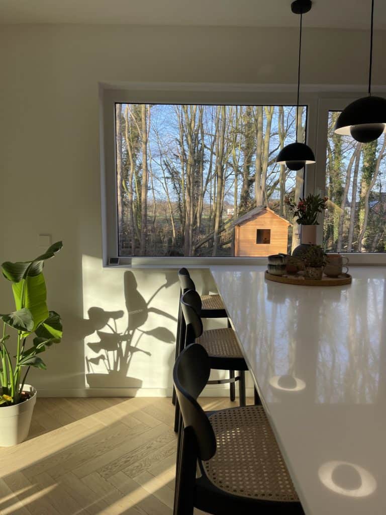 Esszimmer mit Tisch und Stühlen vor großem Fenster mit Blick in den Garten