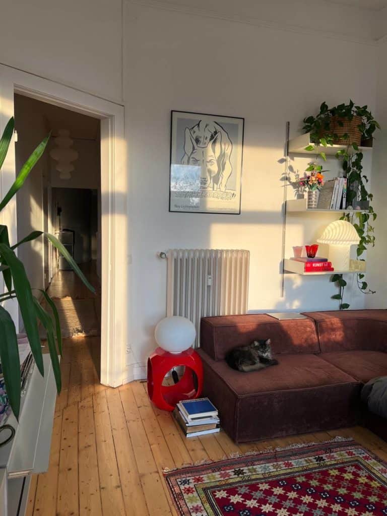 Wohnzimmer in Altbauwohnung mit brauner Couch und Wandregal