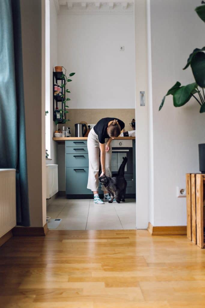 Kristin von @geist.erfahrer in ihrer Küche mit ihrer Katze 