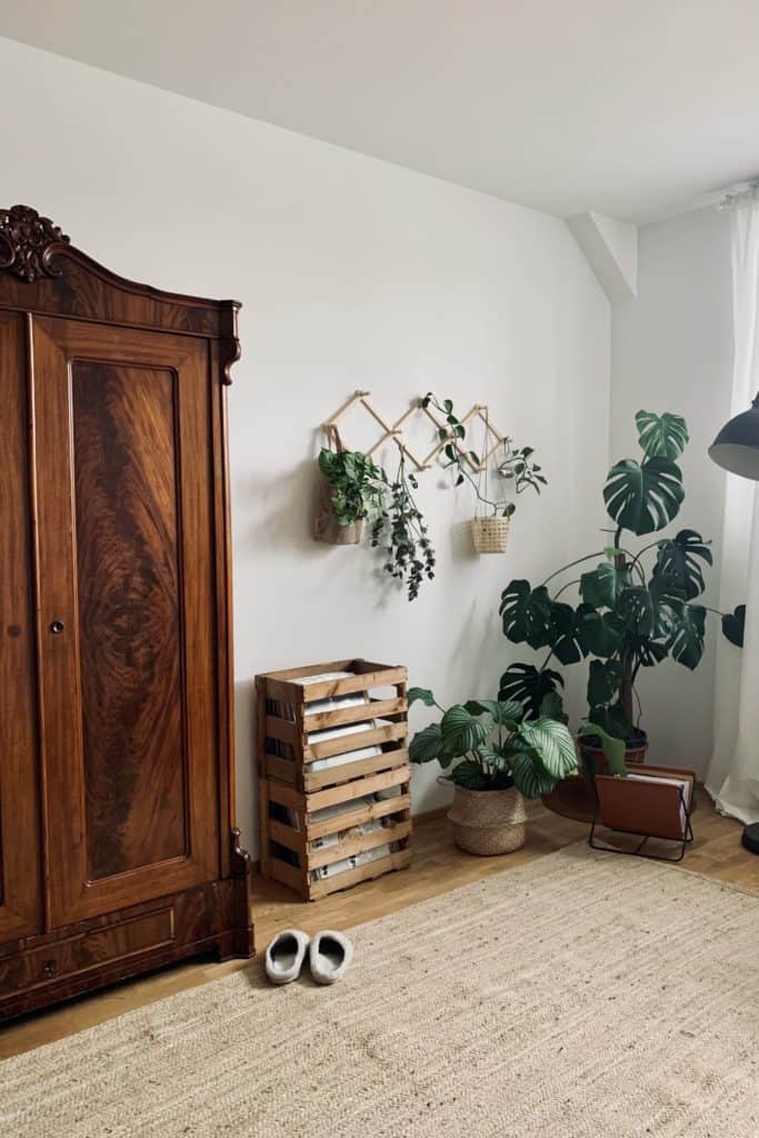 "Vintage - Warm & natürlich" - Alter Schrank neben Weinkisten und großer Monstera in einem Zimmer mit hellem Teppich