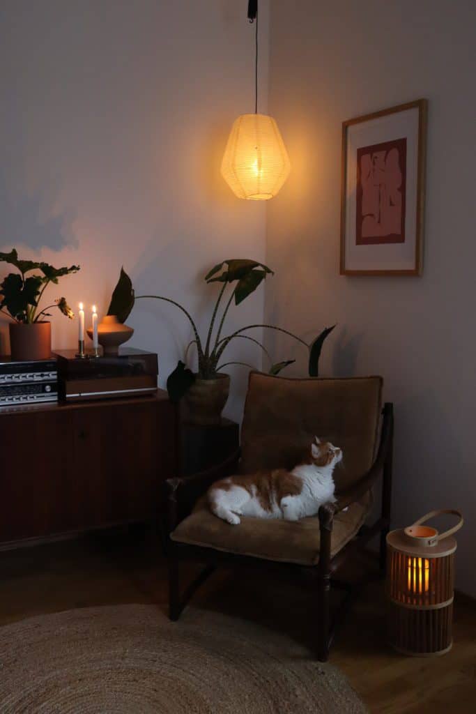 Katze auf Retzro-Sessel neben Sideboard mit Kerzen und Plattenspieler