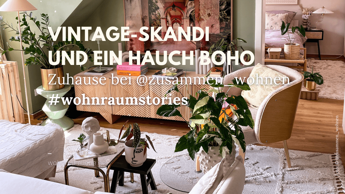 Wohnzimmer mit Elementen im Vintage-Skandi und Boho