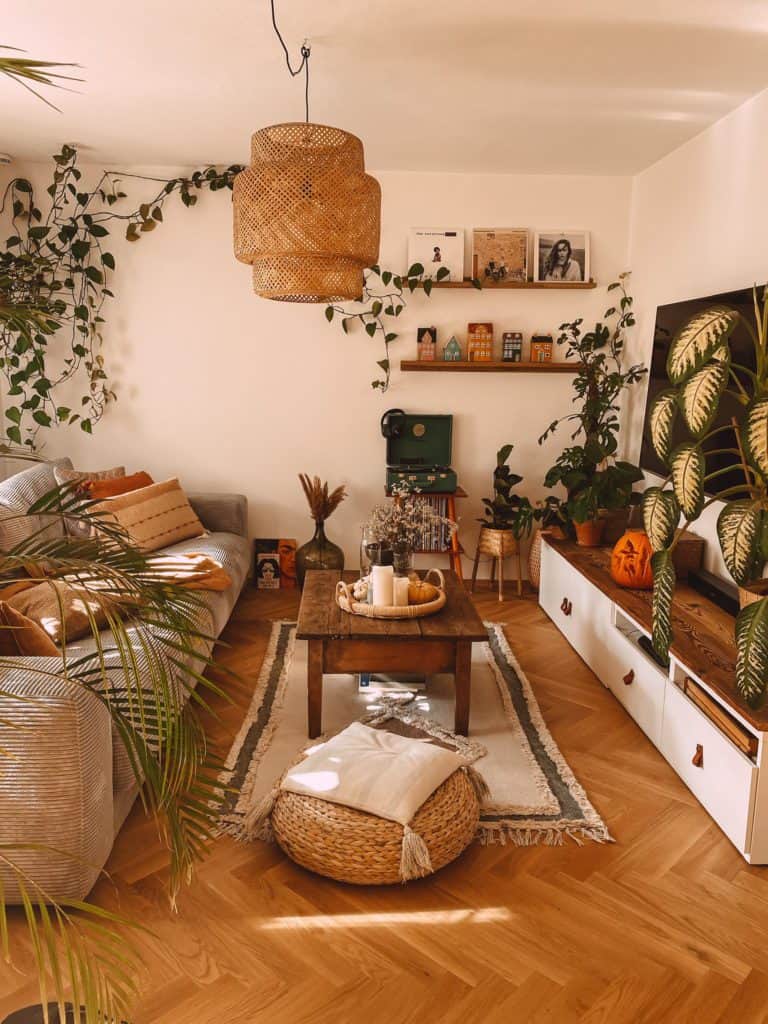 Helles Wohnzimmer mit zahlreichen Pflanzen im Boho und Scandi-Stil