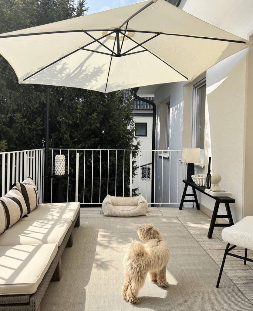 großer Balkon mit Lounge-Möbeln und großem Sonnenschirm. Auf einem Outdoor-Teppich steht ein Hund. 