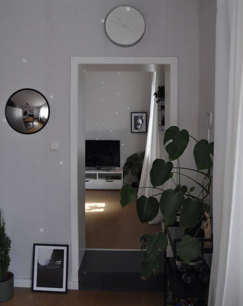 Blick in Wohnzimmer mit Korkboden und großer Monstera